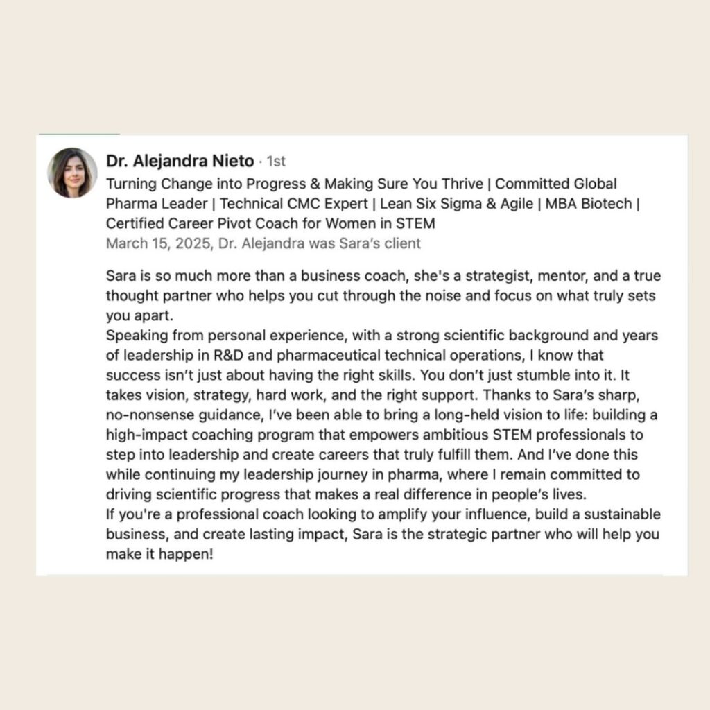 Client testimonial for business coach Sara Mobarhanfard by Alejandra Nieto